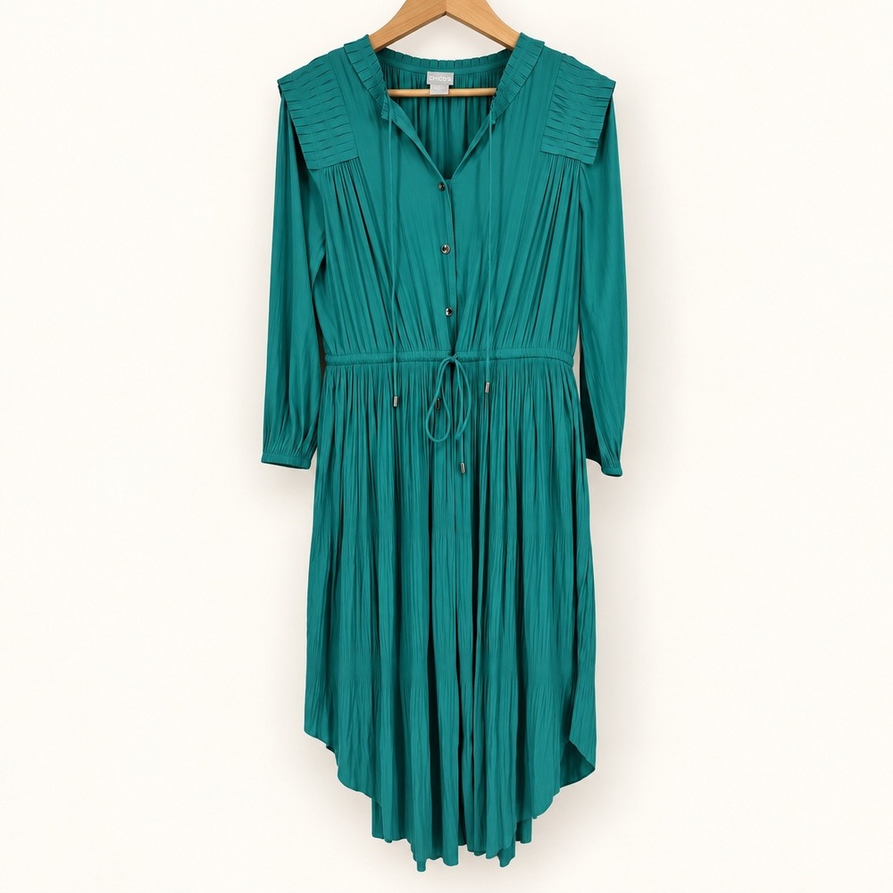 Chico's Women 1.5 Medium Crinkle Satin Midi Dress Dress Teal Pleated Flowy Jewel